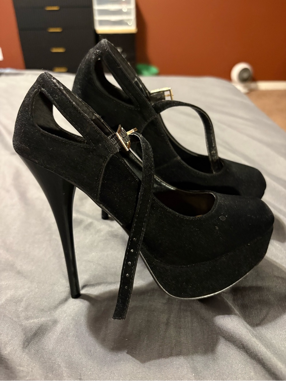 Qupid Black Suede Mary Jane Platform Stiletto Heels
